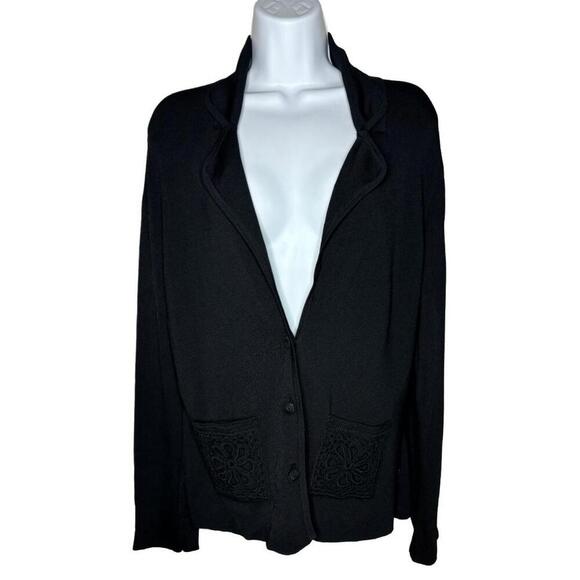BCBG Max Azria Women's Sz L Black Jersey Knit Cardigan w/ Crochet Pockets (1586) - Picture 1 of 6